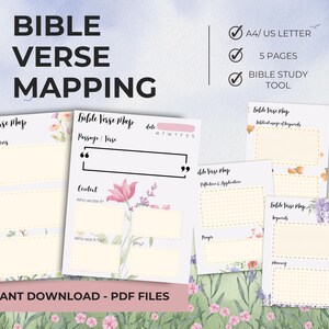 May include: Printable PDF files for Bible verse mapping. The image displays several pages with floral designs and note-taking sections. The title "Bible Verse Mapping" is at the top. Pages include sections for translations, passage, content, and keywords.
