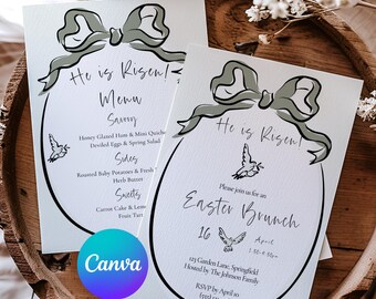 Szablon menu wielkanocnego, menu wielkanocnego brunchu, napis „On zmartwychwstał”, edytowalny Canva 5x7, chrześcijańskie dekoracje wielkanocne, zaproszenie w zestawie