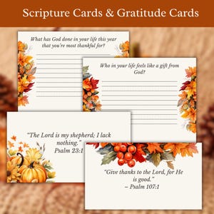 Puede incluir: Cuatro tarjetas blancas de Escritura y Gratitud con ilustraciones de acuarela con temática otoñal. Las tarjetas presentan indicaciones de texto y versículos bíblicos, incluyendo "El Señor es mi pastor; nada me falta." y "Dad gracias al Señor, porque es bueno."