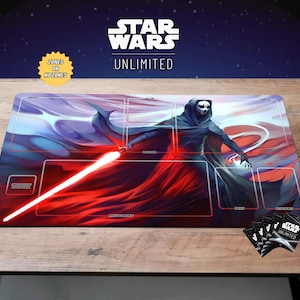 May include: A Star Wars Unlimited playmat depicting a dark figure wielding a red lightsaber, set against a backdrop of swirling red and blue hues. The Star Wars Unlimited logo is at the top, with card packs on the right.