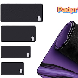 a collection of mouse pad sizes, ranging from 47" x 20" to 60" x 30cm, along with a purple mouse pad.