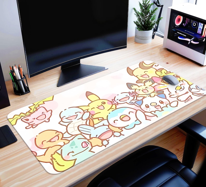 A colorful and whimsical mouse pad featuring various cartoon characters from the Pokémon franchise, including Pikachu, Charizard, and other popular Pokémon figures.
