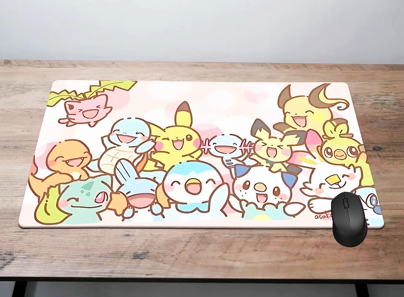 A mouse pad featuring a collection of colorful cartoon Pokemon characters, including Pikachu, Charizard, Bulmer, and others, arranged in a playful and vibrant manner.