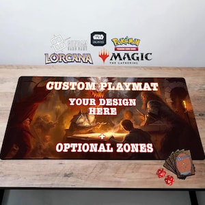 May include: Custom playmat with a fantasy art design, featuring text that reads "YOUR DESIGN HERE" and "OPTIONAL ZONES." The mat includes logos for various trading card games, dice, and a deck of cards on a wooden surface.