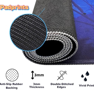 The image is a close-up of a black rubber mat with text and icons indicating its features.