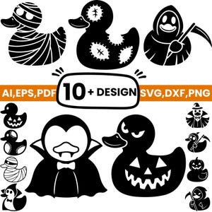 Peut inclure: Une collection de graphismes numériques en noir et blanc représentant des canards en caoutchouc déguisés pour Halloween, notamment une momie, un vampire et une citrouille. Le texte 10+ DESIGN AI, EPS, PDF, SVG, DXF, PNG est affiché au centre.