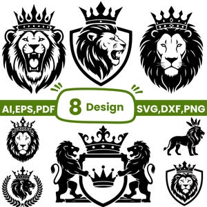 May include: Eight black lion designs, each featuring a crown. The designs include lion heads, profiles, and full-body illustrations. The image includes the text "8 Design" and file formats "AI, EPS, PDF" and "SVG, DXF, PNG".