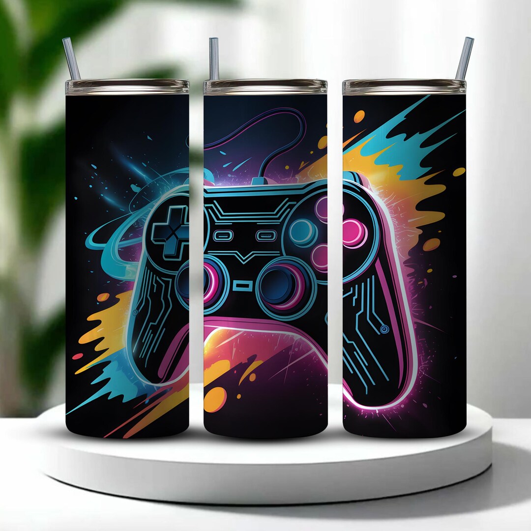 20oz Gamer Skinny Tumbler Sublimation Design Neon Video Game Controller ...
