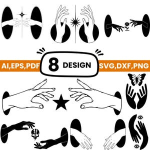 May include: A digital collection of eight black and white graphic designs featuring various hand illustrations, stars, a flower, a butterfly, a skull with a lightning bolt, and eyes. The central text reads 8 DESIGN with file formats AI, EPS, PDF, SVG, DXF, PNG.