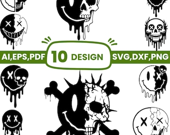 Drippy Smiley Face Skull SVG Bundle, Grunge Skull SVG, Streetwear Acid Smile PNG, Y2K Edgy Melting Face Clipart, Punk Rock Cricut Cut Files