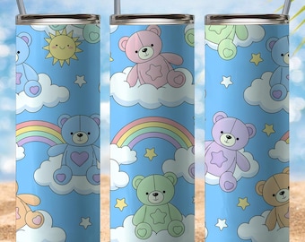 Cute Teddy Bear 20oz Tumbler Wrap PNG, Brown Bow Aesthetic Bear Pattern, Coquette Bear Sublimation Design