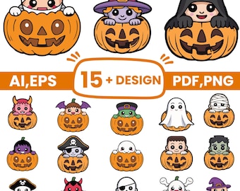 Cute Halloween SVG Bundle, Pumpkin Character PNG Clipart, Kawaii Ghost Witch Mummy Sublimation Files,