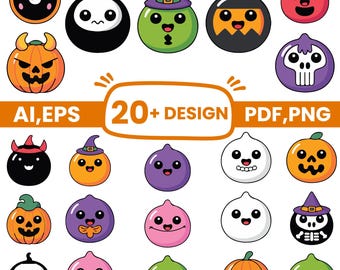 Halloween Clipart Bundle, Cute Kawaii Ghost Pumpkin PNG, Spooky Vector AI EPS Pdf, Sublimation Digital Download