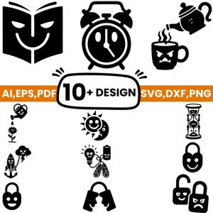 May include: A collection of black and white vector icons featuring various anthropomorphic objects with facial expressions, including a book, alarm clock, teapot, mug, watering can, sun, hourglass, lightbulb, battery, shoes, and locks with text 10+ DESIGN AI,EPS,PDF SVG,DXF,PNG.
