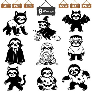 Op de afbeelding: Een verzameling van negen zwart-wit vectorillustraties met luiaards in verschillende Halloween-kostuums, waaronder een vampier, mummie, heks en monster. De afbeelding bevat de tekstlabels AI, PDF, EPS, 9+Design, SVG, DXF en PNG.