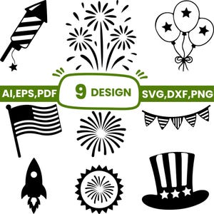 Peut inclure: Un ensemble de neuf motifs graphiques en noir et blanc comprenant une fusée d'artifice, des ballons étoilés, un drapeau américain, un haut-de-forme rayé et étoilé, des guirlandes et des feux d'artifice. Le texte 9 DESIGN AI,EPS,PDF SVG,DXF,PNG est présent.