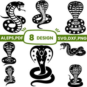 Può includere: Una collezione di otto disegni grafici digitali in bianco e nero raffiguranti cobra in varie pose, alcuni decorati con motivi a stella. Il testo centrale recita 8 DESIGN AI, EPS, PDF, SVG, DXF, PNG, per un set di file vettoriali.