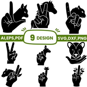 May include: Black and white vector graphics featuring hand gestures with animal silhouettes. The designs include a cat, horse, and other animals. The text "9 DESIGN" is in a green oval. File formats include AI, EPS, PDF, SVG, DXF, and PNG.