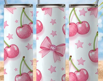 Inflated Rhinestone Cherry Bow Tumbler Wrap PNG, Pink Coquette Cherries Tumbler Design, 20 oz Valentine Tumbler Sublimation PNG