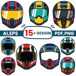 May include: A collection of nine illustrated motorcycle helmets in various color combinations including red, blue, yellow, teal, white, and black. The graphic includes the text 15+ DESIGN AI, EPS, PDF, PNG, showcasing diverse visor and shell patterns.