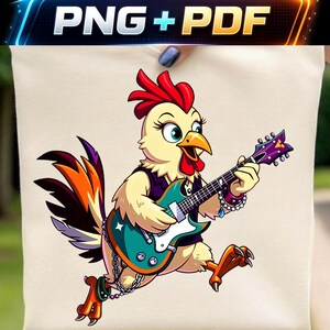 Rockstar Chicken PNG Pdf, Rock and Roll Rooster Sublimatie Design, Gitaar Spelende Kip Clipart, Funny Farm Animal Shirt Design