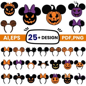 May include: A collection of digital graphic designs featuring Halloween-themed mouse ear headbands and jack-o'-lantern faces in black, orange, and purple. The image includes text that reads 25+ DESIGN AI, EPS PDF, PNG, showcasing various icons.
