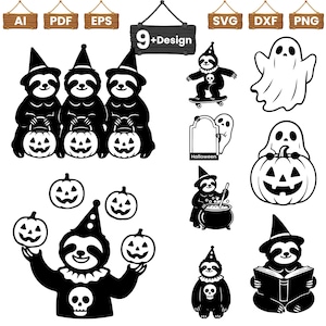 Puede incluir: Una colección de diseños gráficos digitales en blanco y negro con perezosos, fantasmas y calabazas. El conjunto incluye ilustraciones de perezosos con sombreros de bruja, un perezoso en monopatín, un fantasma tras una lápida y un libro.
