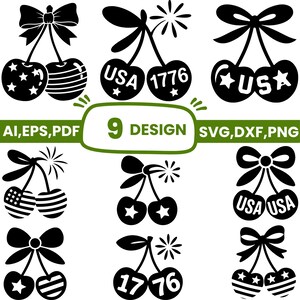 Puede incluir: Una colección de nueve diseños gráficos digitales en blanco y negro con motivos de cerezas y temas patrióticos. Las ilustraciones incluyen cerezas con estrellas, rayas, lazos y texto como USA y 1776. La imagen incluye el texto 9 DESIGN AI, EPS, PDF, SVG, DXF, PNG.