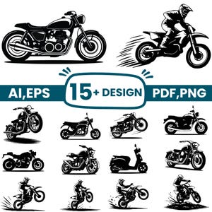 May include: A collection of black and white motorcycle graphics featuring various bike styles, including cruisers and dirt bikes with riders in motion. The text 15+ DESIGN AI, EPS, PDF, PNG is displayed in the centre of the digital illustration set.