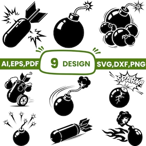 Puede incluir: Una colección de nueve diseños de bombas en blanco y negro. Los diseños incluyen bombas con mechas encendidas, explosiones y una bomba con una rueda. El texto incluye "9 DESIGN" y opciones de tipo de archivo: AI, EPS, PDF, SVG, DXF y PNG.