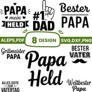 Peut inclure: Plusieurs motifs noirs et blancs avec du texte, dont "#1 DAD", "Bester PAPA" et "Papa Held". Les motifs sont pour la fête des pères et incluent des formats de fichiers tels que SVG, DXF et PNG.
