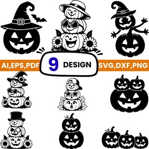 May include: A collection of nine black and white digital graphic designs featuring various jack-o'-lanterns, some stacked, wearing hats, sunglasses, and surrounded by flowers. The central text reads 9 DESIGN with file formats AI, EPS, PDF, SVG, DXF, PNG.