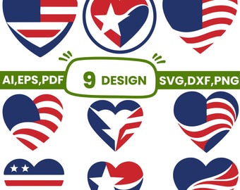 Patriotic Heart SVG Bundle, 4th of July American Flag Cut Files, USA Heart Cricut Design, Memorial Day Digital Download, Commercial Use