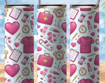 Inflated Nurse Tumbler Wrap PNG,3D Nursing Tumble Sublimation, 20oz Medical Coat, Syringe Heart Design