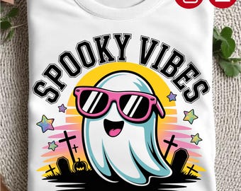 Spooky Vibes Ghost PNG, Retro Halloween Shirt Design, Cute Spooky Season Sublimation, Vintage Fall Graphic, DTF Transfer Digital Download