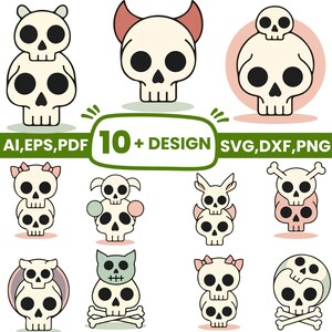 May include: A collection of 10+ digital skull designs featuring various cartoon characters with bows, horns, animal ears, and crossbones. The graphics are presented in a flat, outlined style with a color palette of cream, pink, and green. Text reads 10+ DESIGN AI, EPS, PDF, SVG, DXF, PNG.
