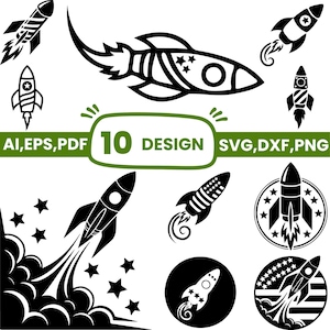 Op de afbeelding: Een verzameling van tien zwart-witte raketontwerpen. De ontwerpen omvatten raketten met vlammen, sterren en cirkelvormige elementen. De tekst in de afbeelding luidt "10 DESIGN" en de bestandstype-opties "AI, EPS, PDF" en "SVG, DXF, PNG".