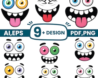 Funny Cartoon Faces PNG Clipart, Silly Monster Face Bundle, Googly Eyes Vector Pack, Character Expressions Cut File, Commercial Use