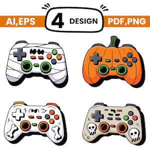 Op de afbeelding: Vier digitale illustraties van gamecontrollers met Halloween-thema's. Eén is ingepakt als een mummie, één is pompoenvormig, één heeft botmotieven en één bevat schedels. De tekst 4 DESIGN AI, EPS PDF, PNG staat bovenaan de afbeelding.