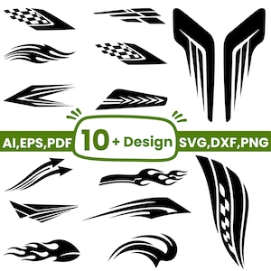 Może przedstawiać: Kolekcja czarnych wzorów wektorowych, w tym paski wyścigowe, płomienie i wzory szachownicy. Obraz zawiera tekst "10+ Design" oraz wskaźniki typu pliku, takie jak "SVG, DXF, PNG".