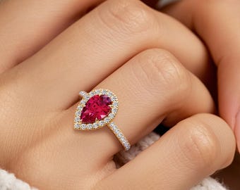 Anello di fidanzamento con rubino rosso a pera da 2,5 carati: diamante Halo con pavé francese, oro 14k