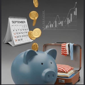 Könnte beinhalten: Ein blaues Sparschwein mit Goldmünzen, die hineinfallen, neben einem Koffer mit Kleidung und einem Kalender mit September. Das Bild enthält ein Finanzdiagramm und Text auf Italienisch: "- Vacanze Finite? Ecco Come Risparmiare Subito!"