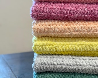 Handmade Crochet Baby Blanket, Soft Chenille Yarn, Custom Nursery Decor