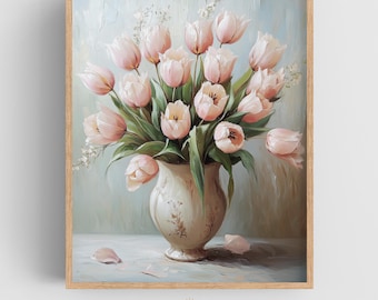 May include: A framed print featuring a still life of pink tulips in a cream-colored vase. The tulips have green stems and leaves. The background is a soft blue and white. The print is in a light brown wooden frame. The Lumora Prints Co. logo is at the bottom.