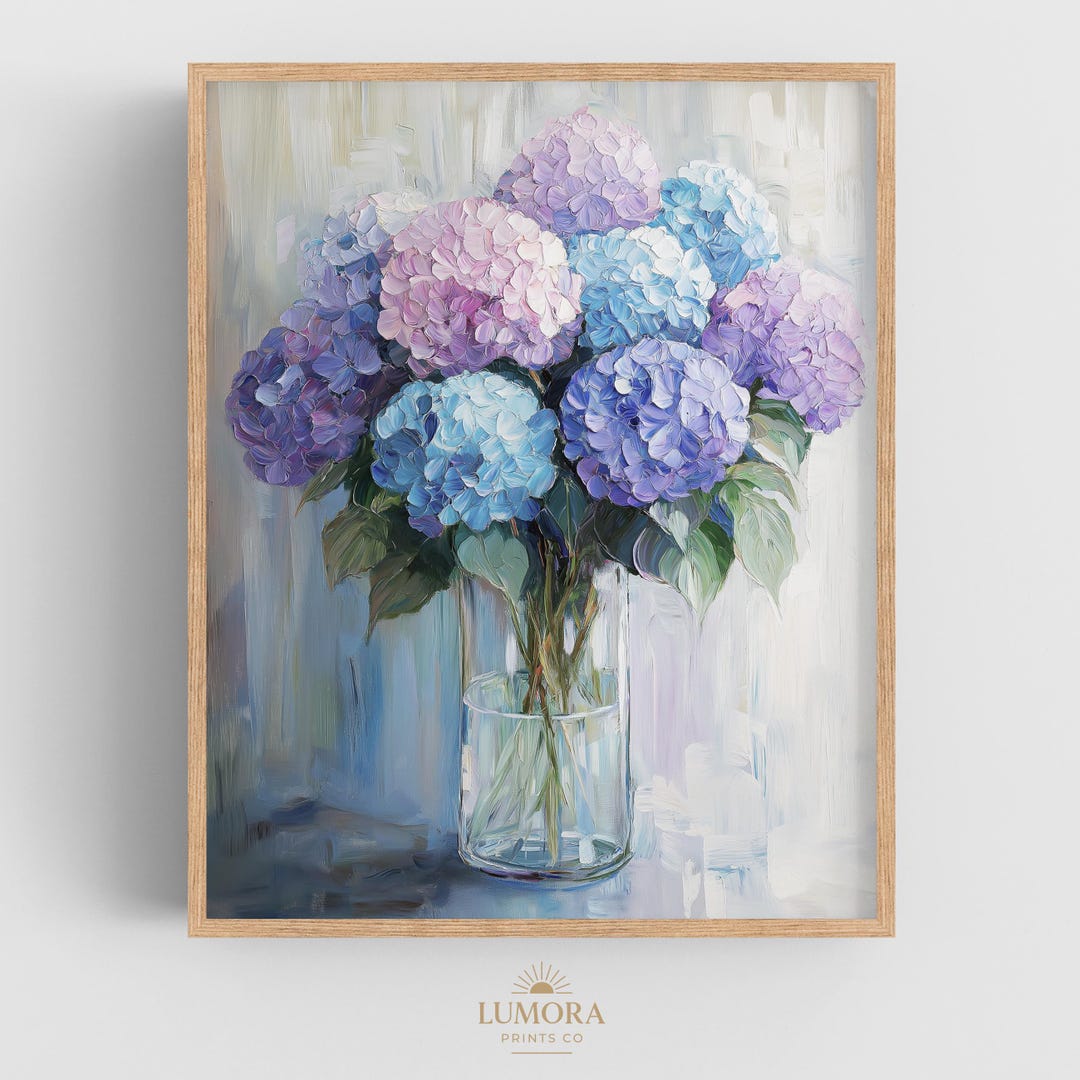 Hydrangea Bouquet Wall Art Print Textured Floral Painting With Blue and ...