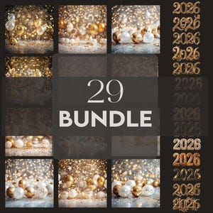 Puede incluir: Una colección de imágenes con globos dorados y blancos, confeti y luces bokeh. El texto "29 BUNDLE" se muestra de forma destacada. También se incluyen varios gráficos "2026", lo que sugiere un tema relacionado con el año 2026.