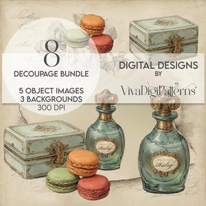 Può includere: Pacchetto di design digitale con illustrazioni in stile vintage. L'immagine include due portagioie ornati, due bottiglie di profumo con l'etichetta "Baly" e colorati macarons. Il testo sull'immagine recita "8 Decoupage Bundle" e "Digital Designs by VivaDigiPatterns."