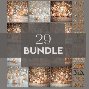 Puede incluir: Un paquete de 29 imágenes con globos, confeti y el número "2026" en dorado. Las imágenes tienen un tema festivo, un enfoque suave y una cálida paleta de colores dorados, blancos y oro rosa.