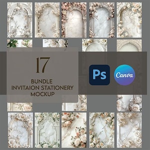 May include: A collection of invitation stationery mockups featuring floral and marble arch designs. The image includes the text "17 BUNDLE INVITATION STATIONERY MOCKUP" and the logos for Photoshop and Canva. The designs are in shades of white, cream, and pink.