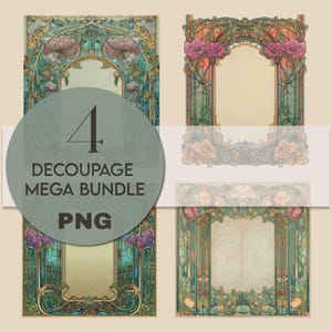 BUNDLE 4- Art Nouveau Botanical Frame Decoupage Floral Antique Borders Set, PNG